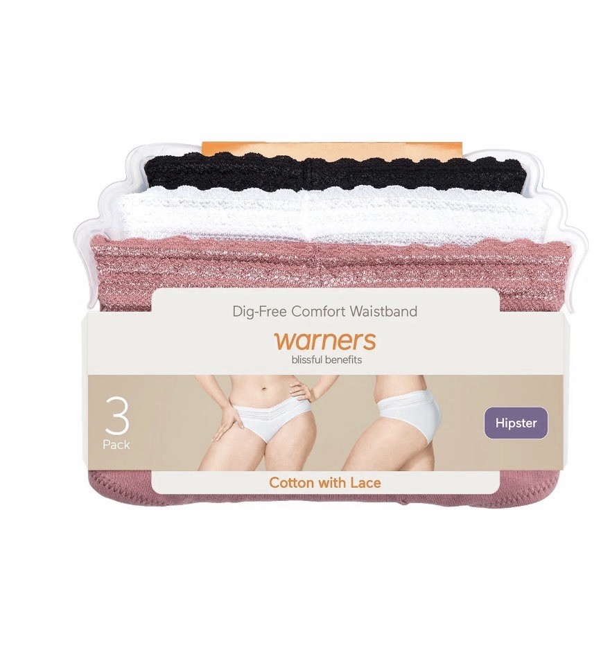 Warners 3XL 10 Hipster Cotton Panties Dig-free Comfort Lace Waist 3-pk NWT