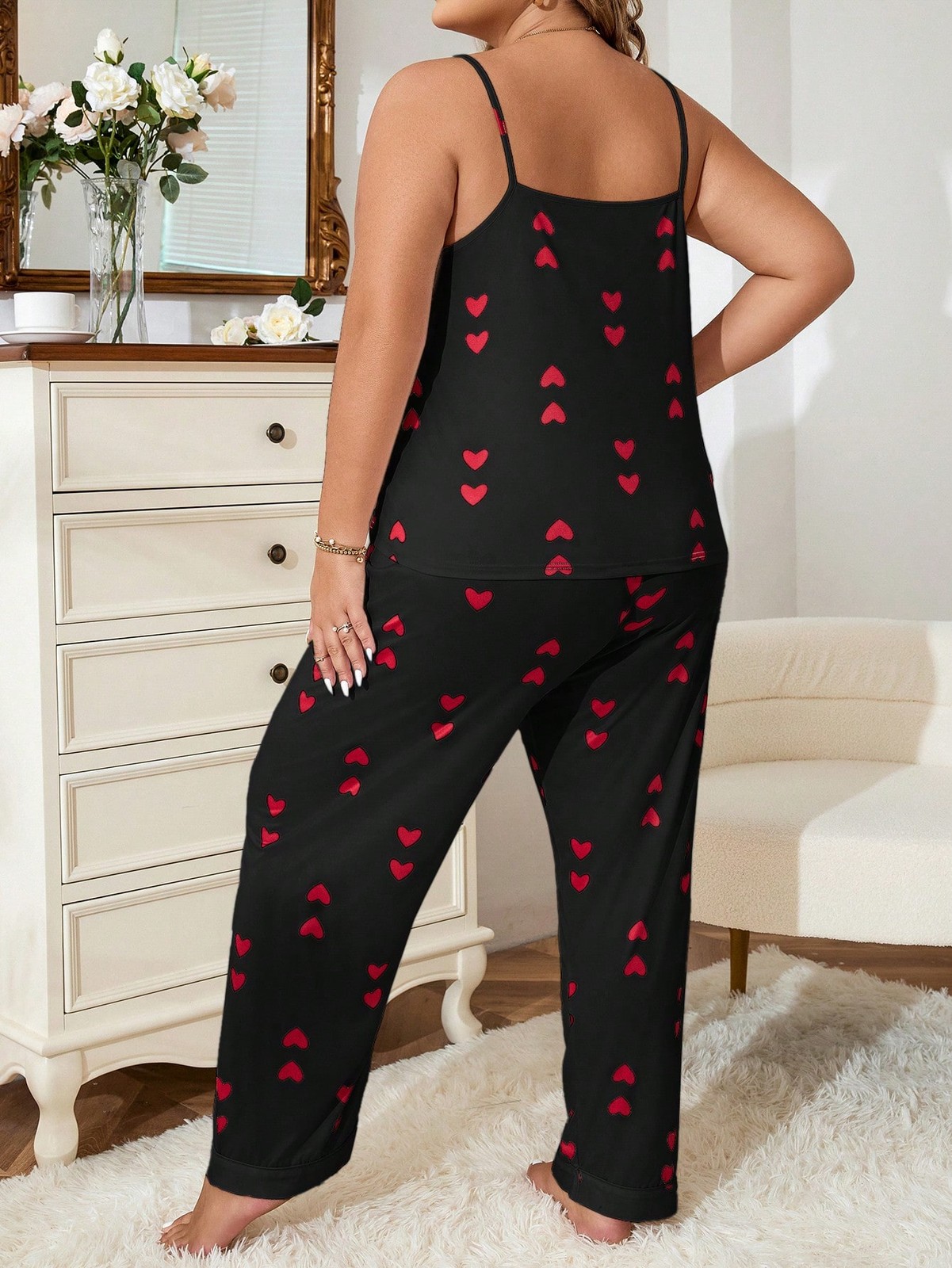 Comfy Plus Size Pyjama Set With Heart Pattern Strappy Top And Trousers Cheap24