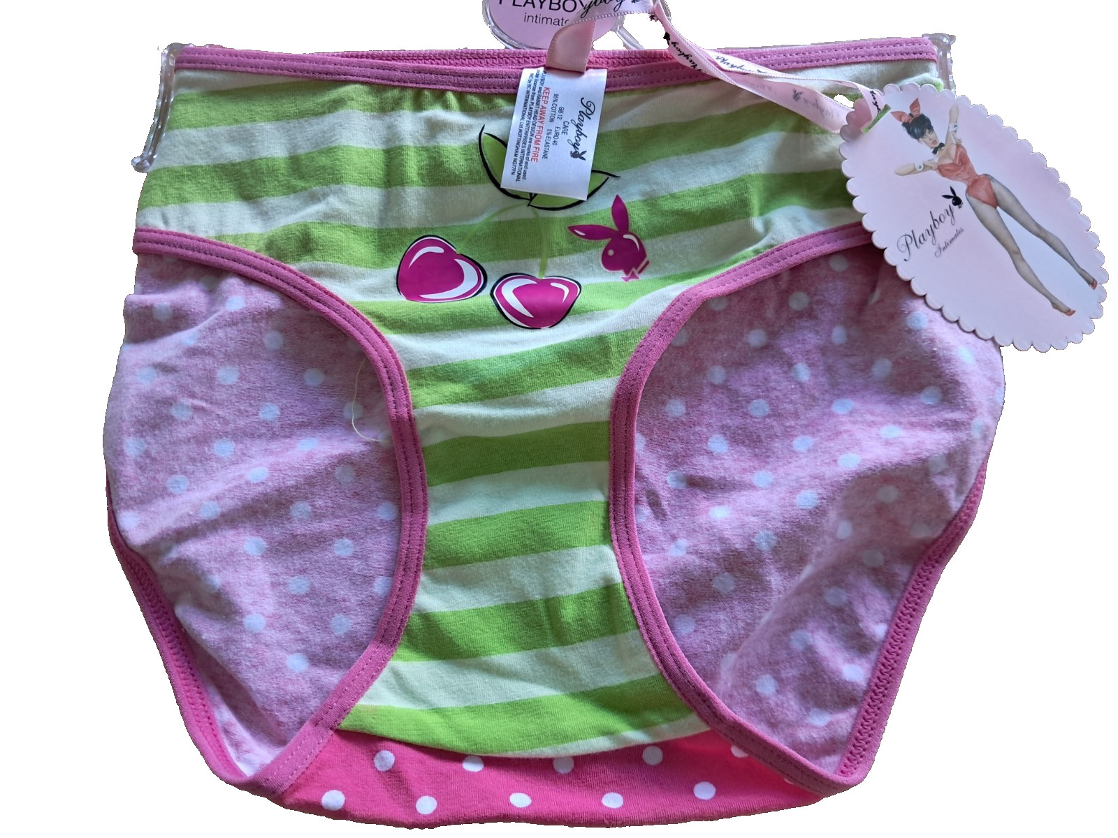 Playboy Intimates Sexy Panties Cherry Logo Briefs Pink/Green Polka Dot UK 12