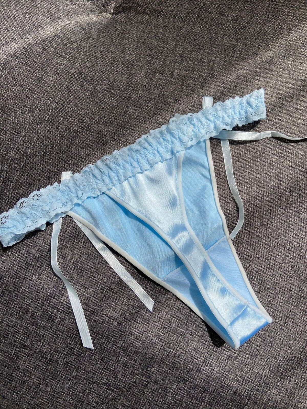 Ladies sexy baby blue silk look thongs lingerie panties size 6