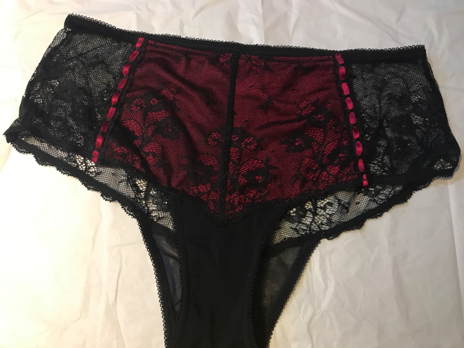 New BLACK RED lace front sheer back brief new uk 10 new