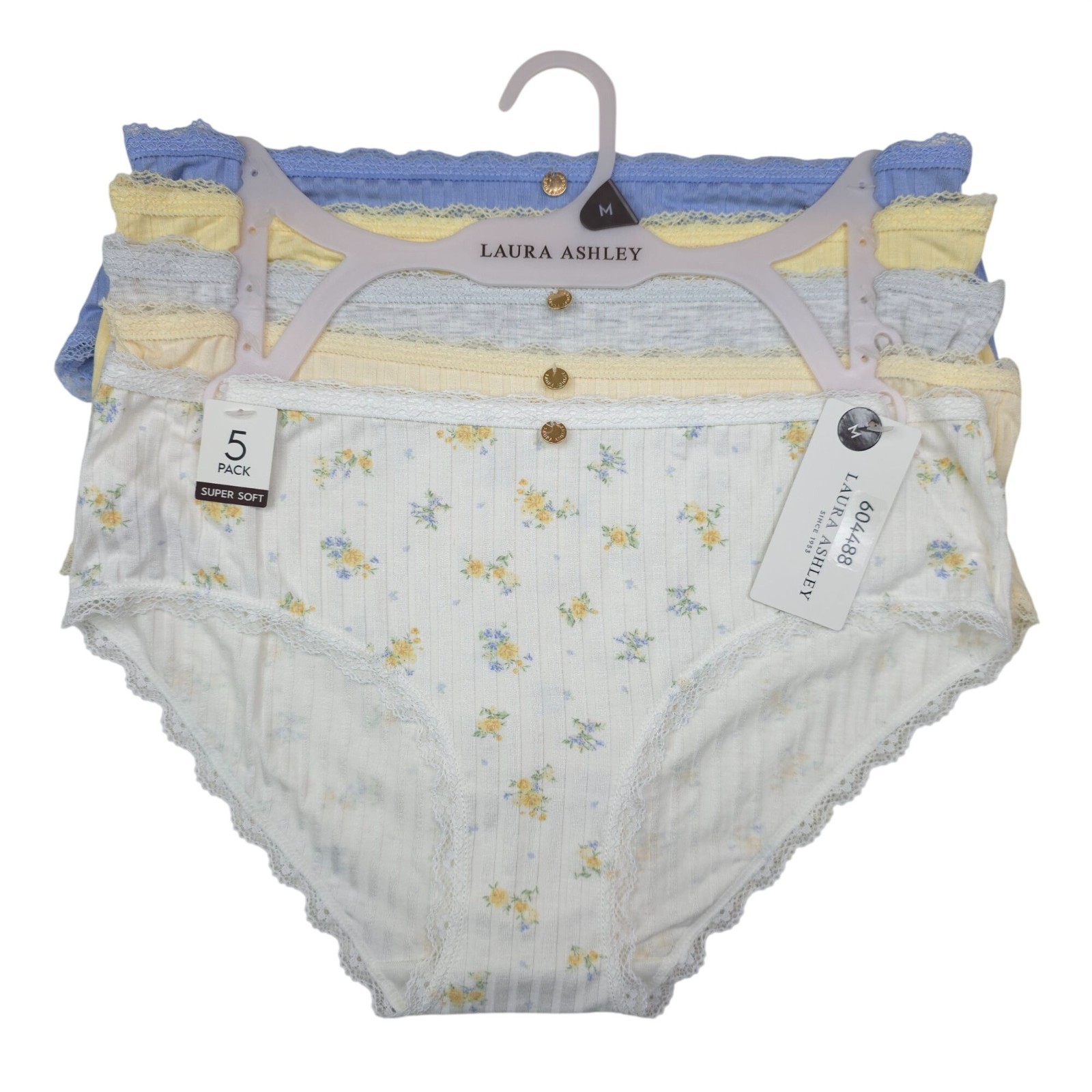 Laura Ashley Womens Super Soft 5-Pack Lace Trim Panties Bikini Briefs Medium