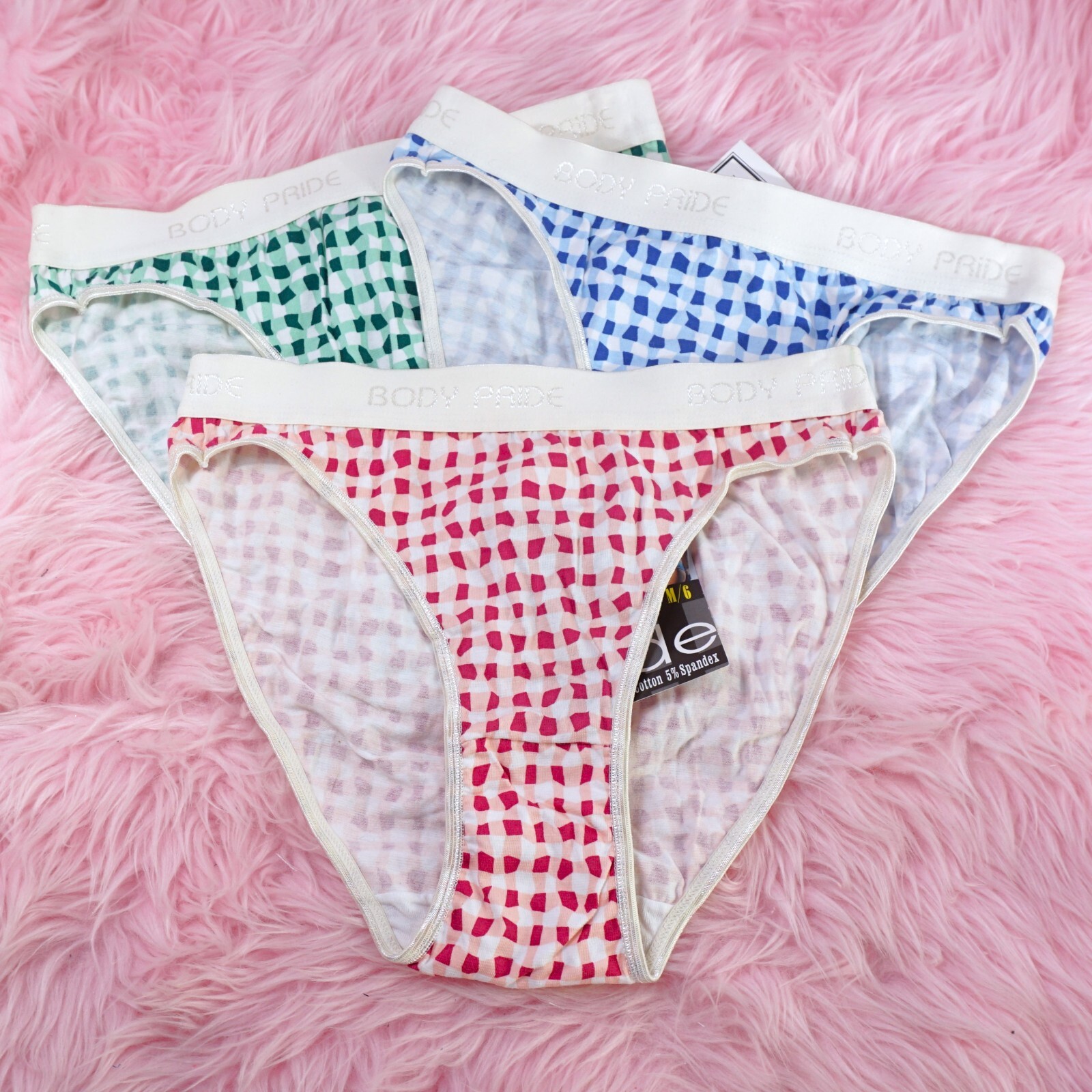 Stretch Cotton Bra or Bikini Panties Body Pride Pink Blue Green Checkered Print