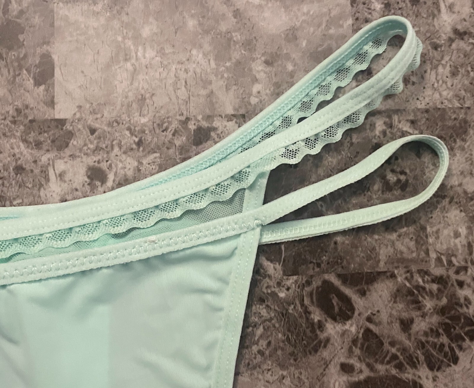 NWOT UNBRANDED LARGE AQUA SMOOTH LACE RUFFLE MESH STRAPPY RARE V THONG PANTIES