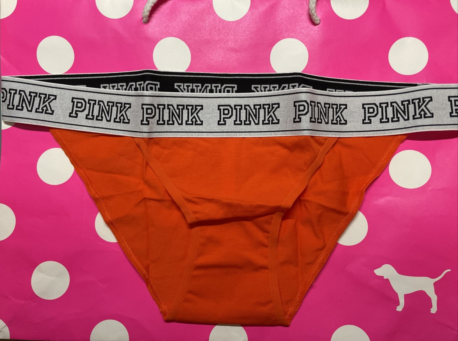 NEW 2018 Victoria’s Secret PINK Wide Logo Band Orange String Bikini L Panties