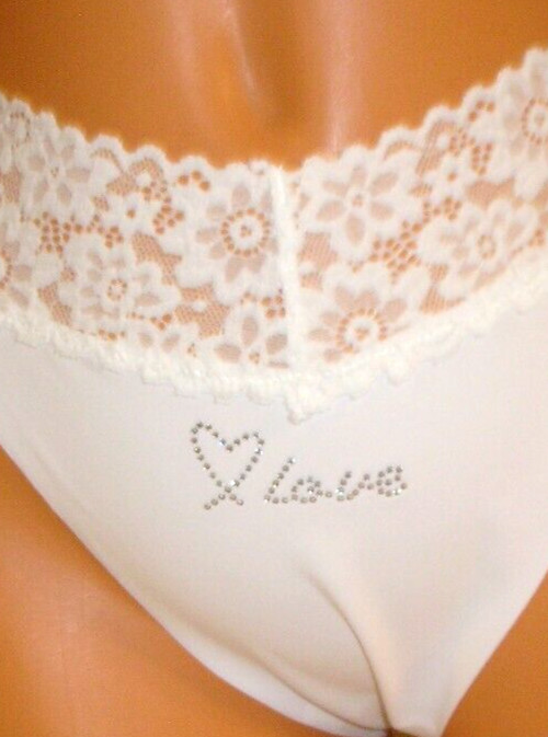Panties Lingerie Heart Love Rhinestone Detail Lace Trim White Thong XL Gift