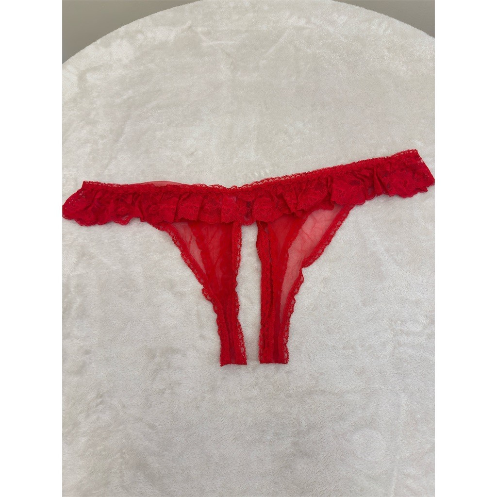 Intimate Attitudes Thong Panty Womens 2XL Red Lace Open Crotch Sheer Bow NEW!