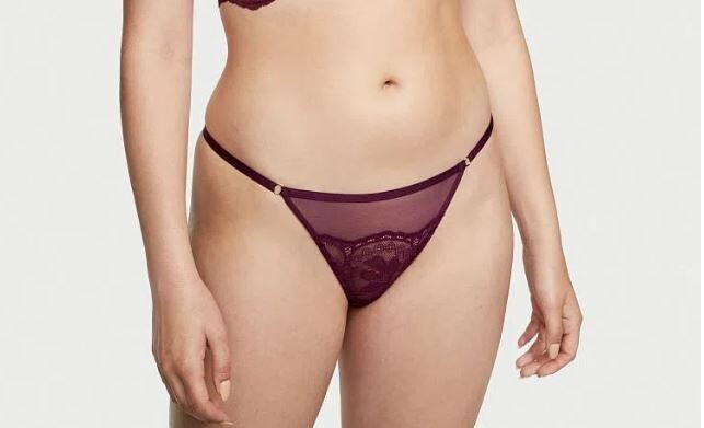 Victorias Secret Maroon Wine Kir Thong Panty XL Floral Split Lace & Mesh Sheer