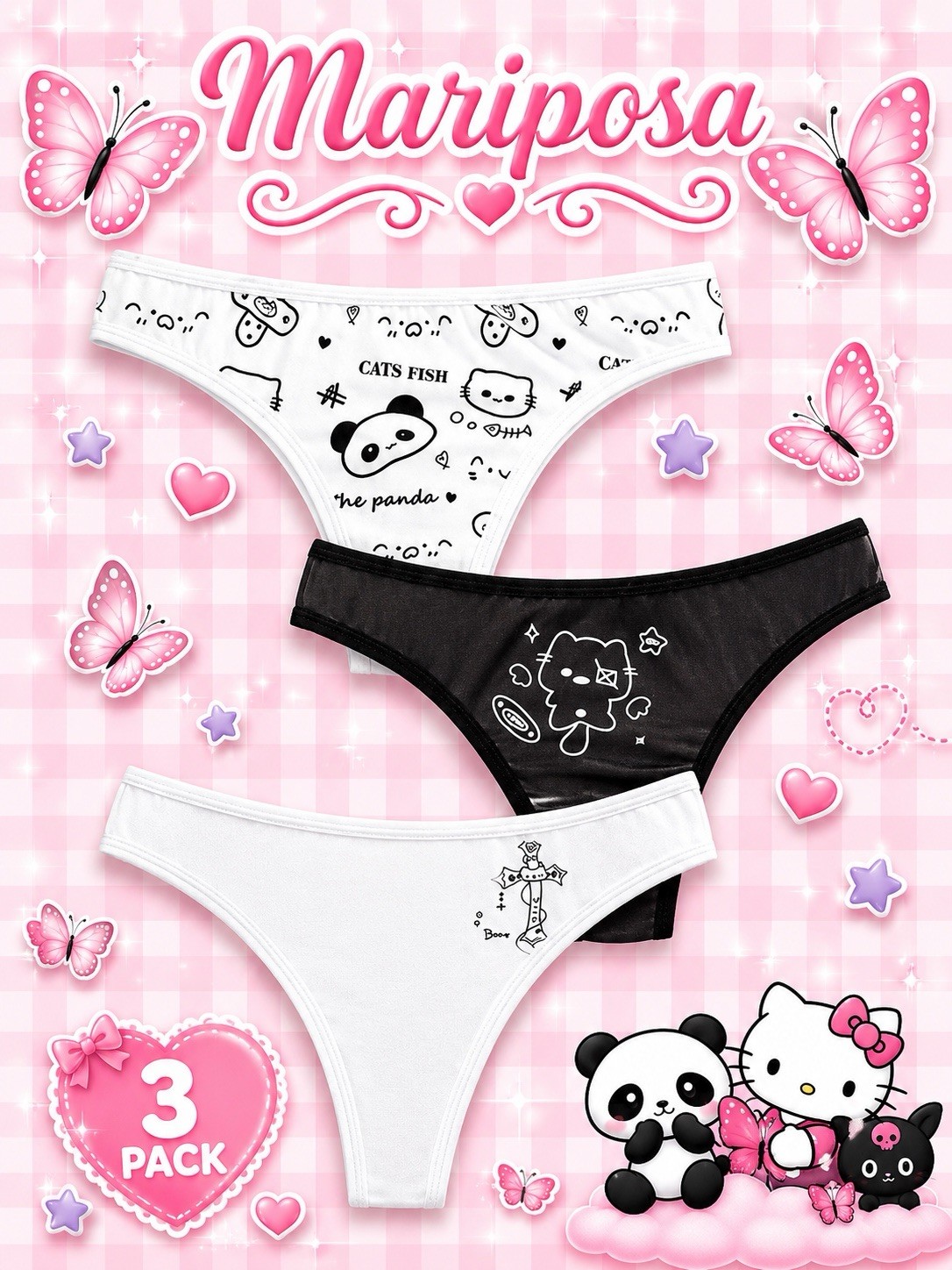 Women’s Teens Anime Panda Cat Kawaii Thong Panties White/Black 3pk. Medium