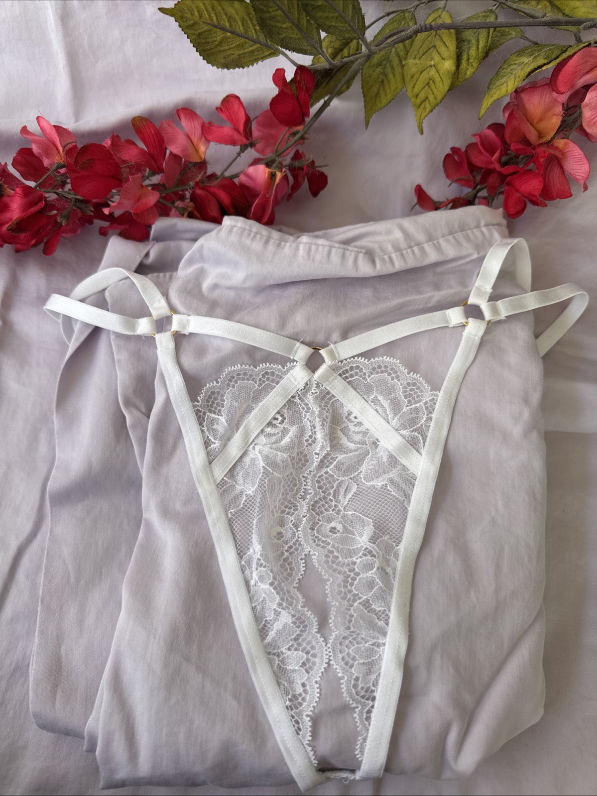 VICTORIA’S SECRET S WHITE STRAPPY HIGH LEG CROTCHLESS TANGA THONG PANTIES NWT