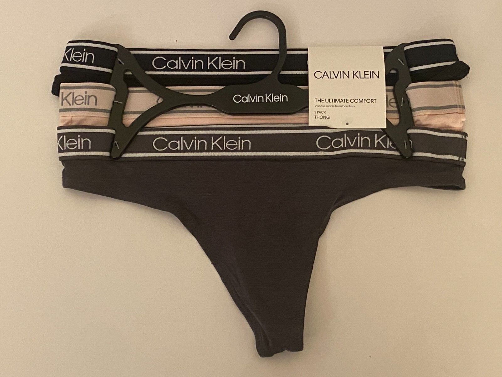 New 3 Pack CALVIN KLEIN The Ultimate Comfort Thong Panties Pink Black Grey M