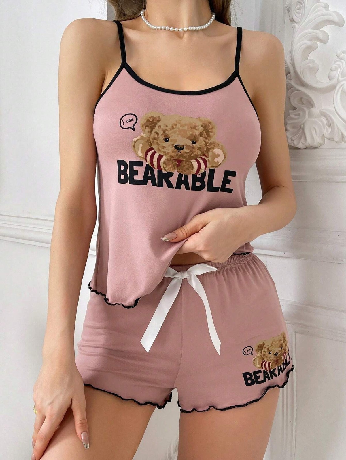 Dusky Pink Strappy Top And Shorts Pyjama Set With Bear And Letters Motif Cheap24