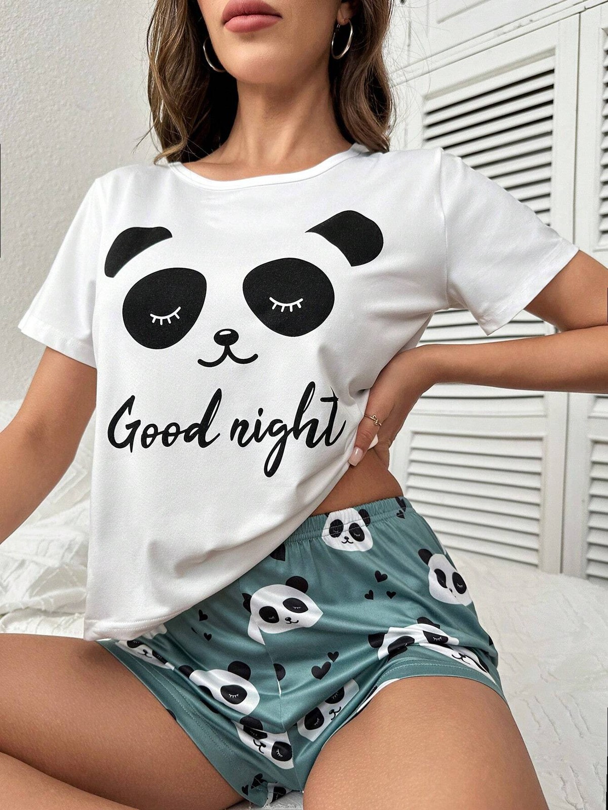 Ladies Comfy Panda & Slogan Graphic T Shirt & Shorts Pyjama Set Cheap24