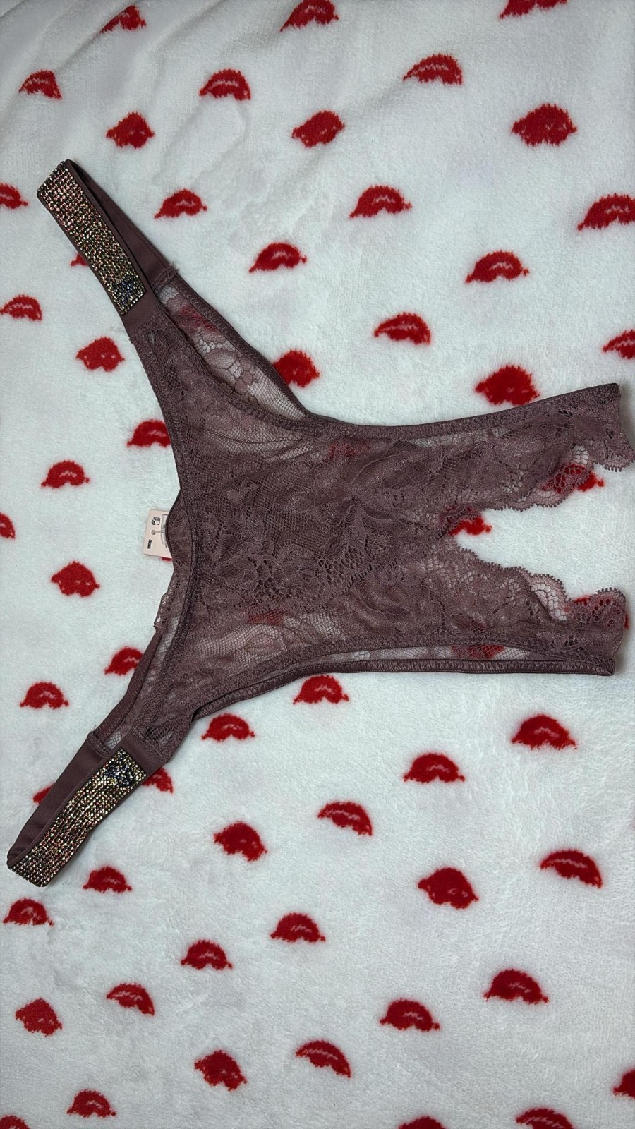 Victoria’s Secret Shine Strap Lace Crotchless Brazilian Panty Purple Vapor M