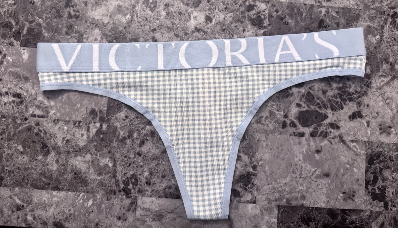 NWT VICTORIA’S SECRET BLUE GINGHAM THICK EXPLODED LOGO WAISTBAND THONG PANTIES