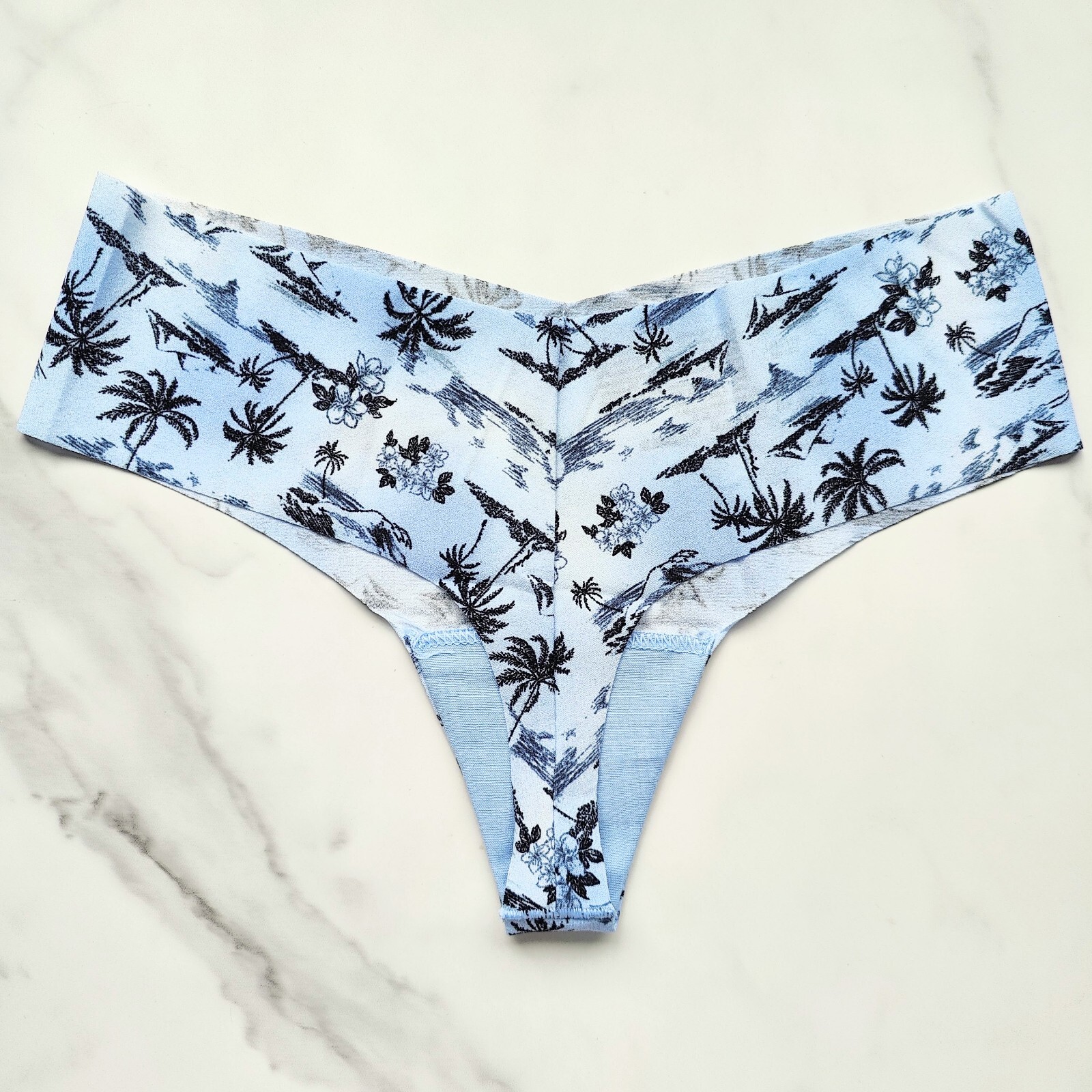 PINK Victoria’s Secret No-Show Smooth Thong Panty Harbor Blue Palm Tree Size S/M