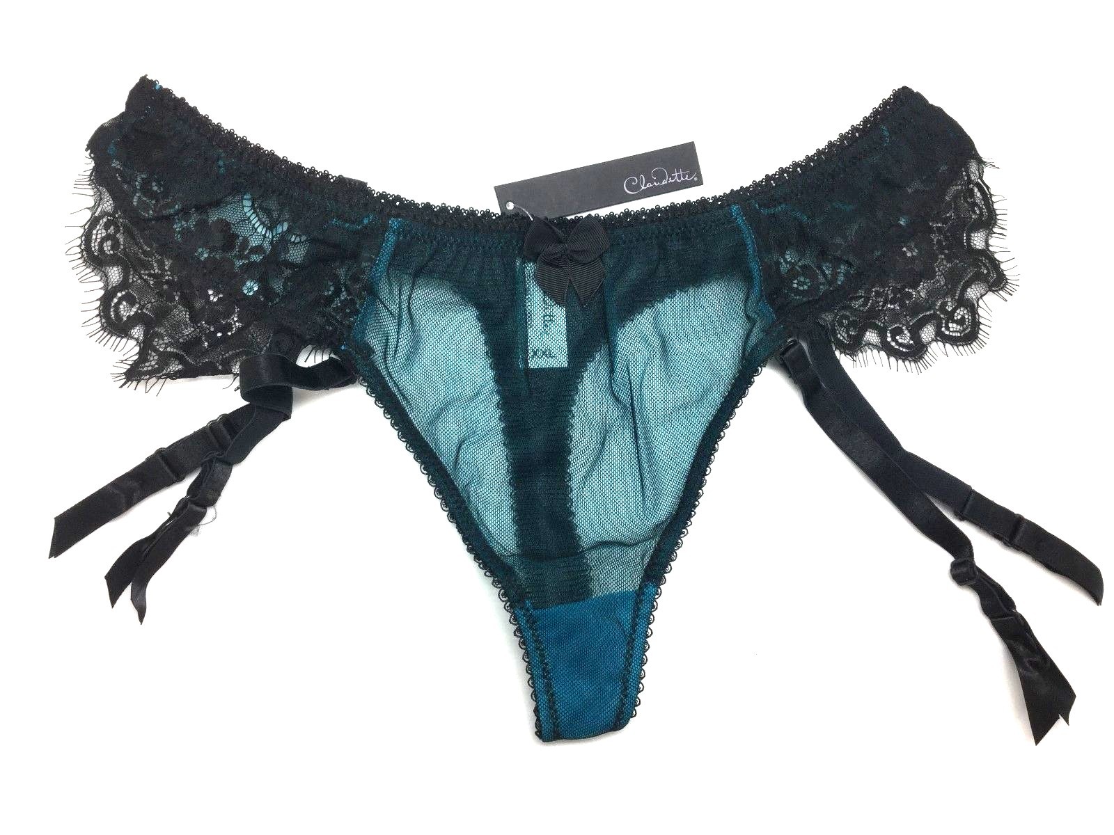 Claudette En Dentelle Intense Garter Thong Pin Up Bikini Panties Neon Turquoise