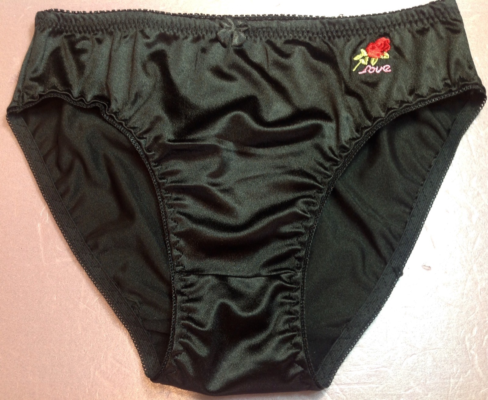 Women Panties Bikinis GRACE SZ S. Black Nylon Satin Soft W/Decoration Elastic