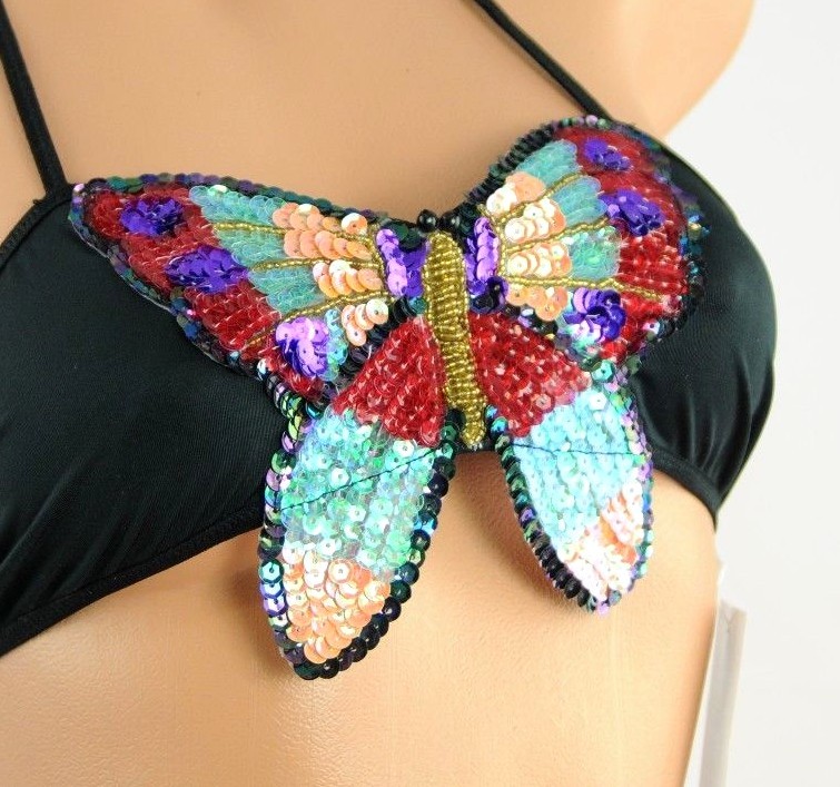 Exotic Metallic Sequin Butterfly Sissy Sexy Dancer BLACK Thong & Tie Bra Set M L