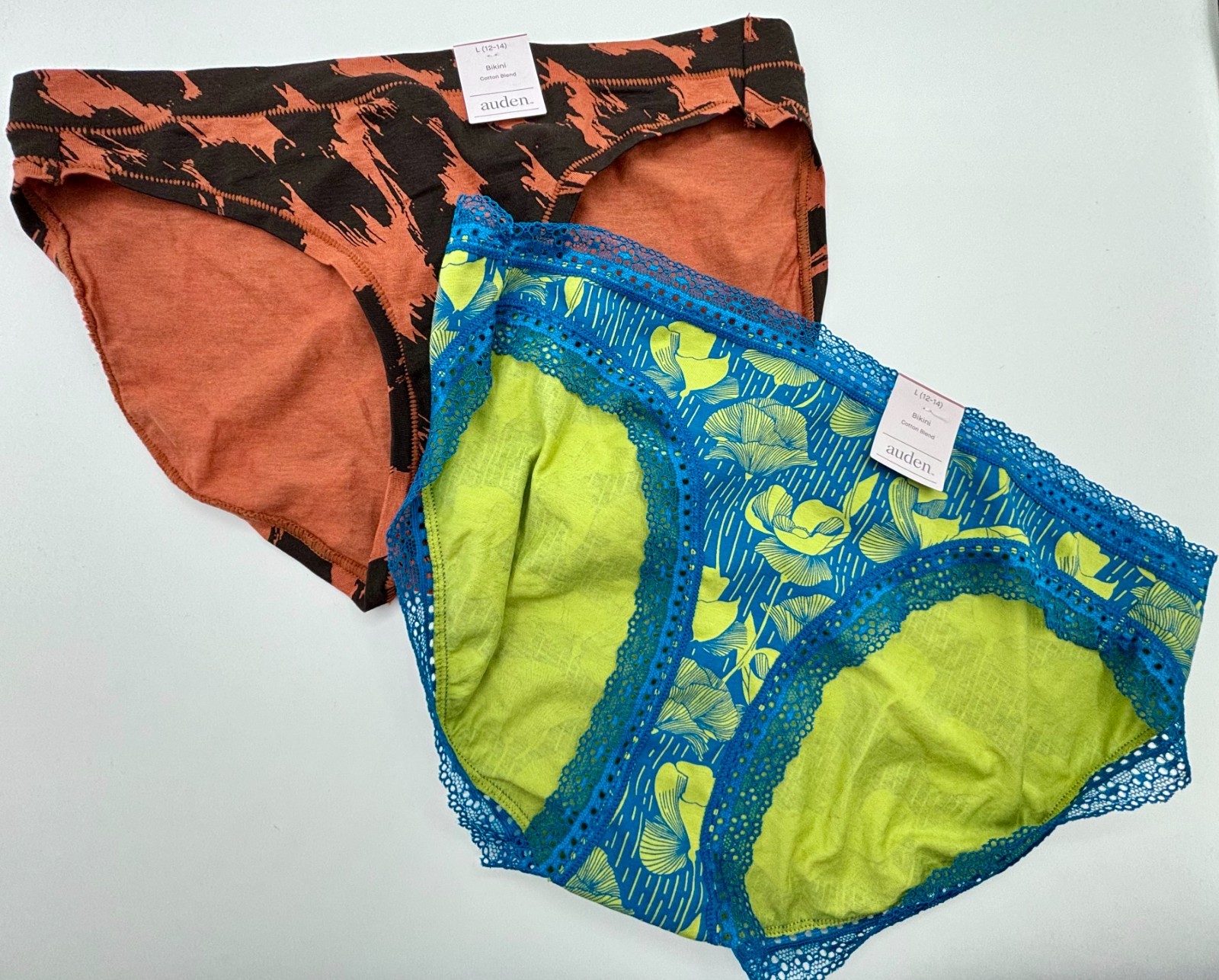 Auden Bikini Panties Women Sz L 12-14 Blue Green Orange Cotton Underwear Lace