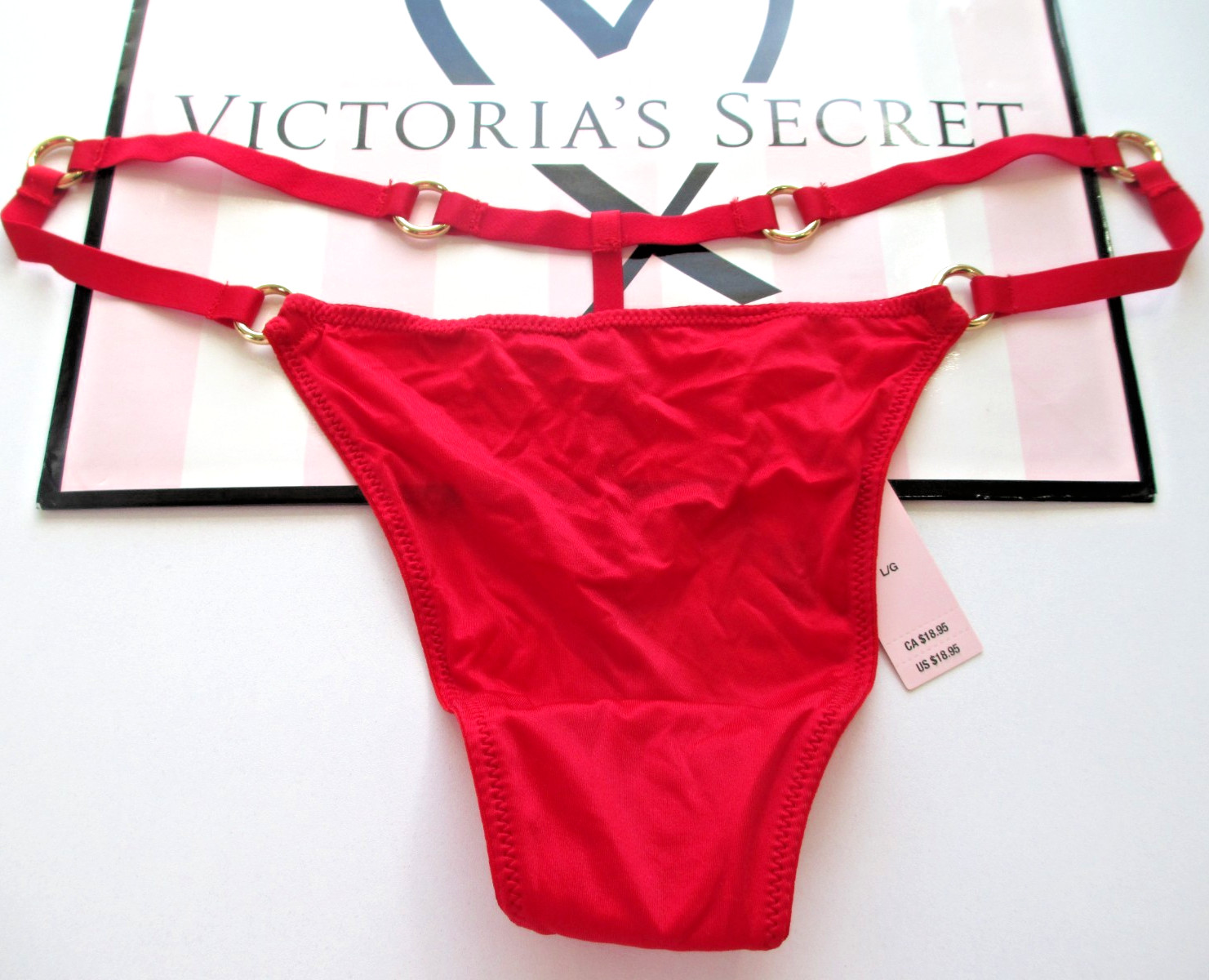 VICTORIA’S SECRET VERY SEXY V-String Thong Panty XL Red NWT Ring Hardware VS