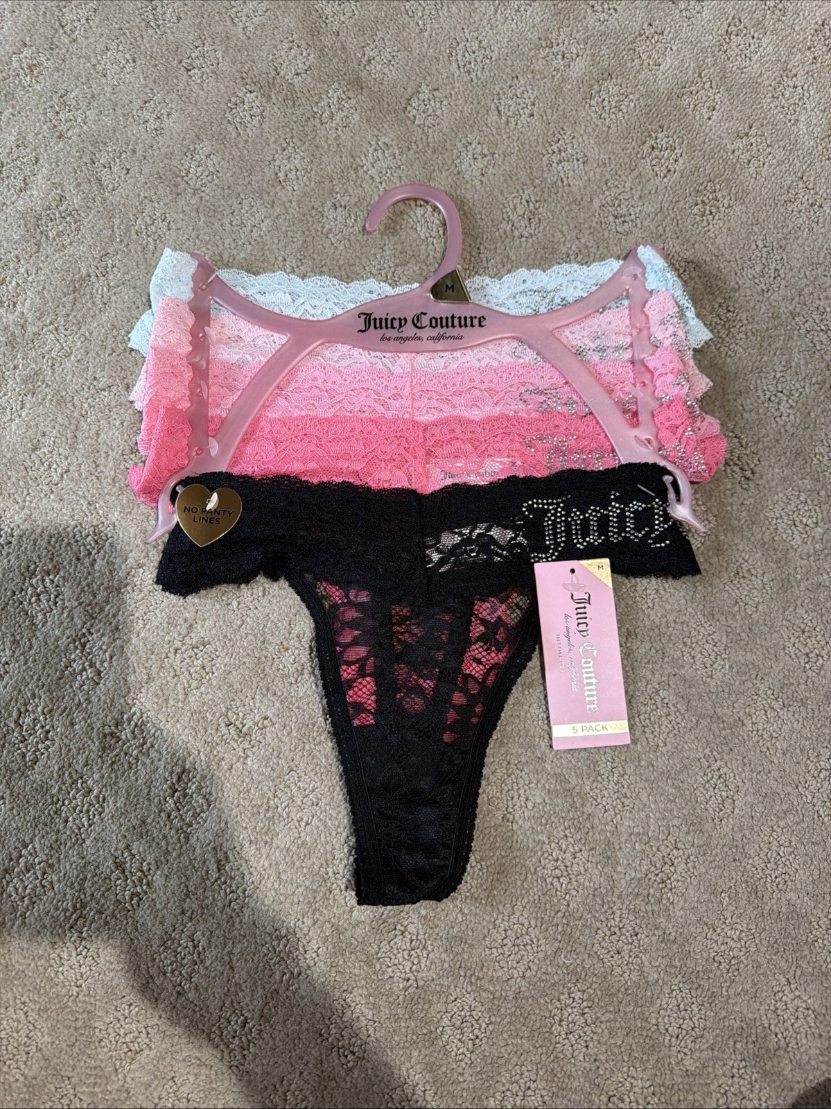 Juicy Couture 5pk Multicolor Rhinestone Logo Lace Thongs. Sz M. NWT!