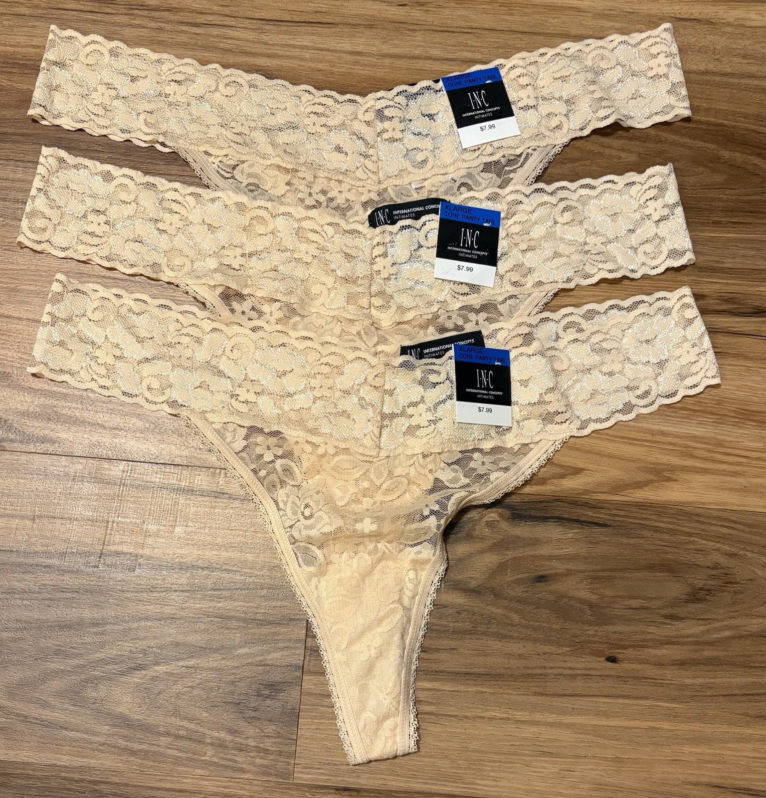 INC international concepts Plus Lace Thongs 3 Pair, Almond Latte, Size XL, $24