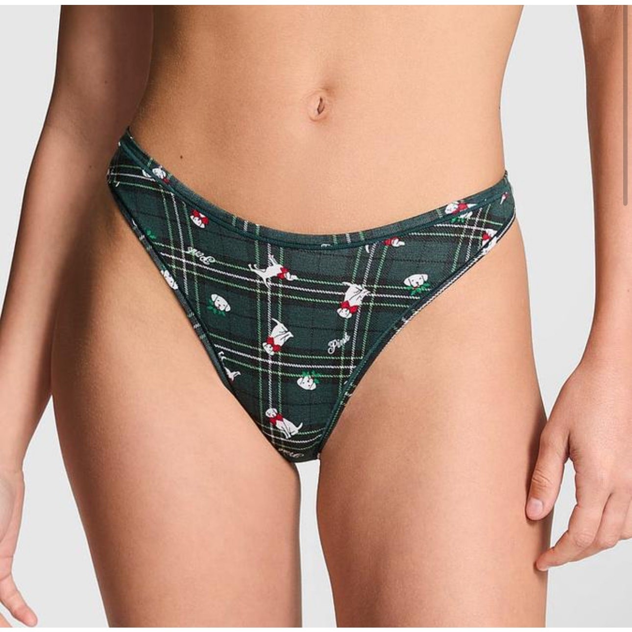 Victoria’s Secret Deep Forest Green Plaid Dog Print COTTON HIGH-LEG THONG PANTY