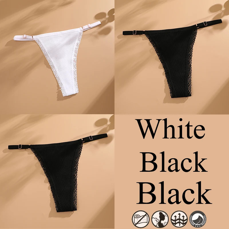 3pc Women Lace Thongs G-String Low Rise Panties Adjustable Waist Underwear