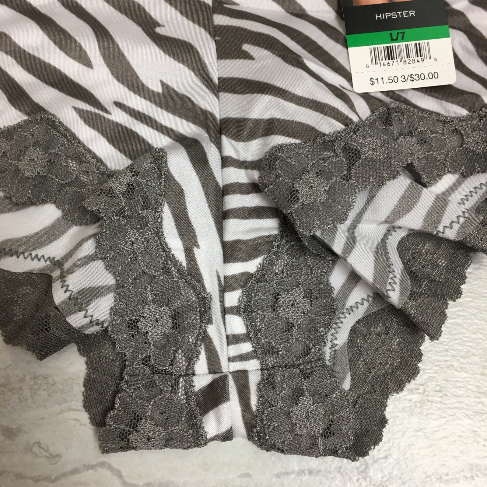 Maidenform Women’s Cheeky Scalloped Lace Hipster Gray/White Zebra Stripe L/7 NWT