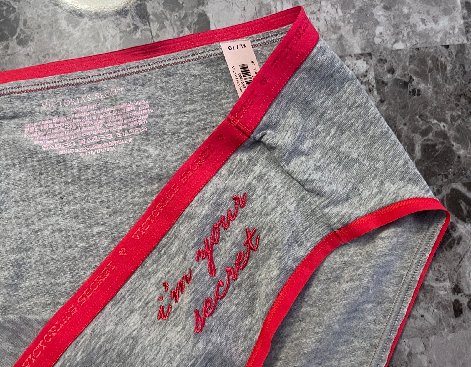 NWT VICTORIA’S SECRET XL GRAY RED I’M YOUR SECRET LOGO RARE HIPHUGGER PANTIES
