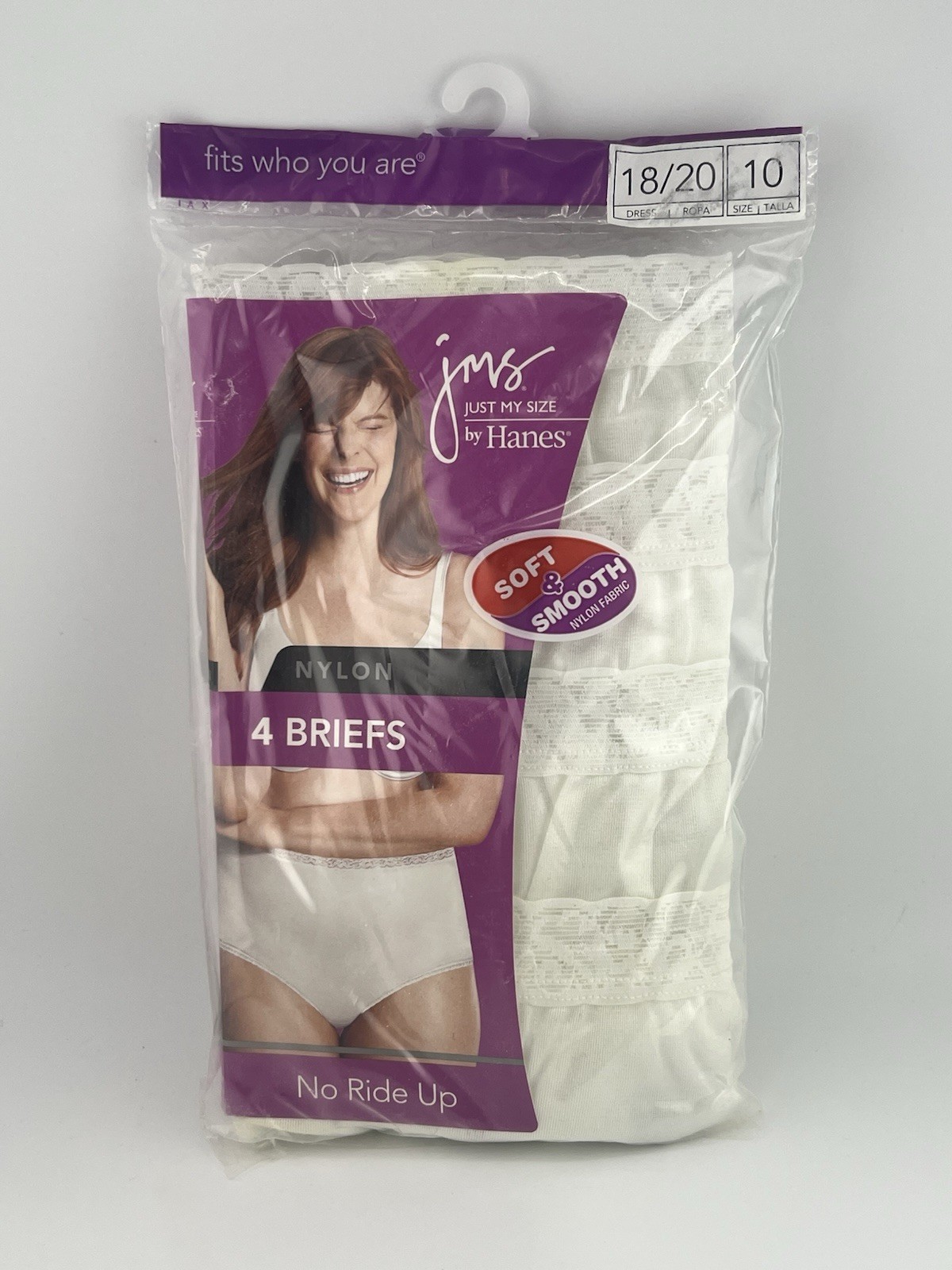 Just My Size Nylon Brief Panties 100% nylon Soft & Smooth Size 10 White 4 Pack