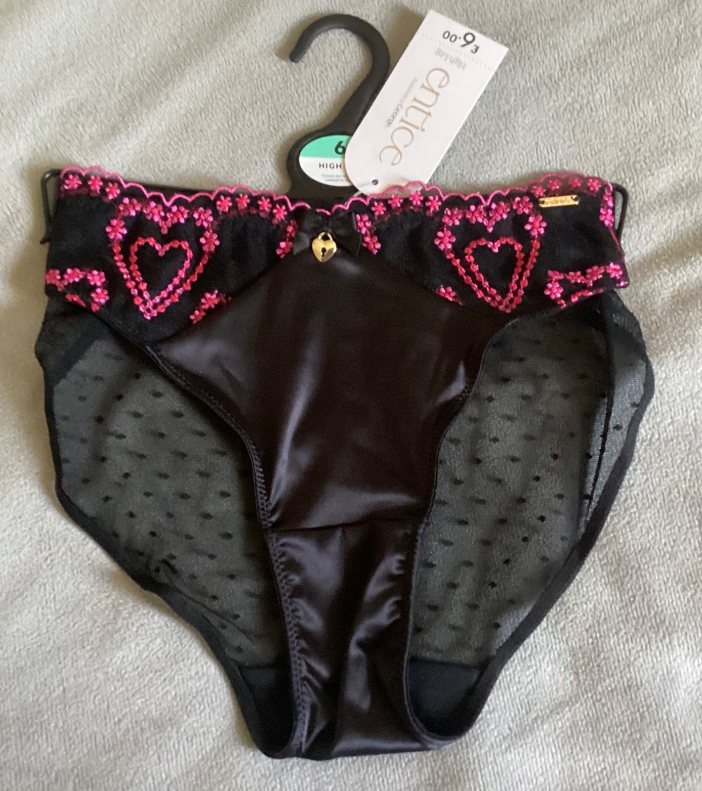 GEORGE Black with Embroidered Pink Hearts Satin,Lace & Mesh Knickers Sz 6 -BNWT