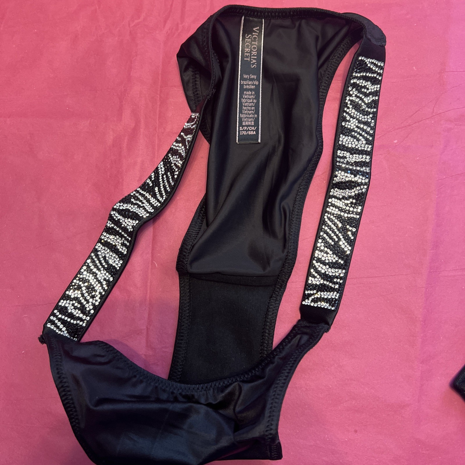 Victoria’s Secret Very Sexy Brazilian Slip Panty Size Small Black With Jewels