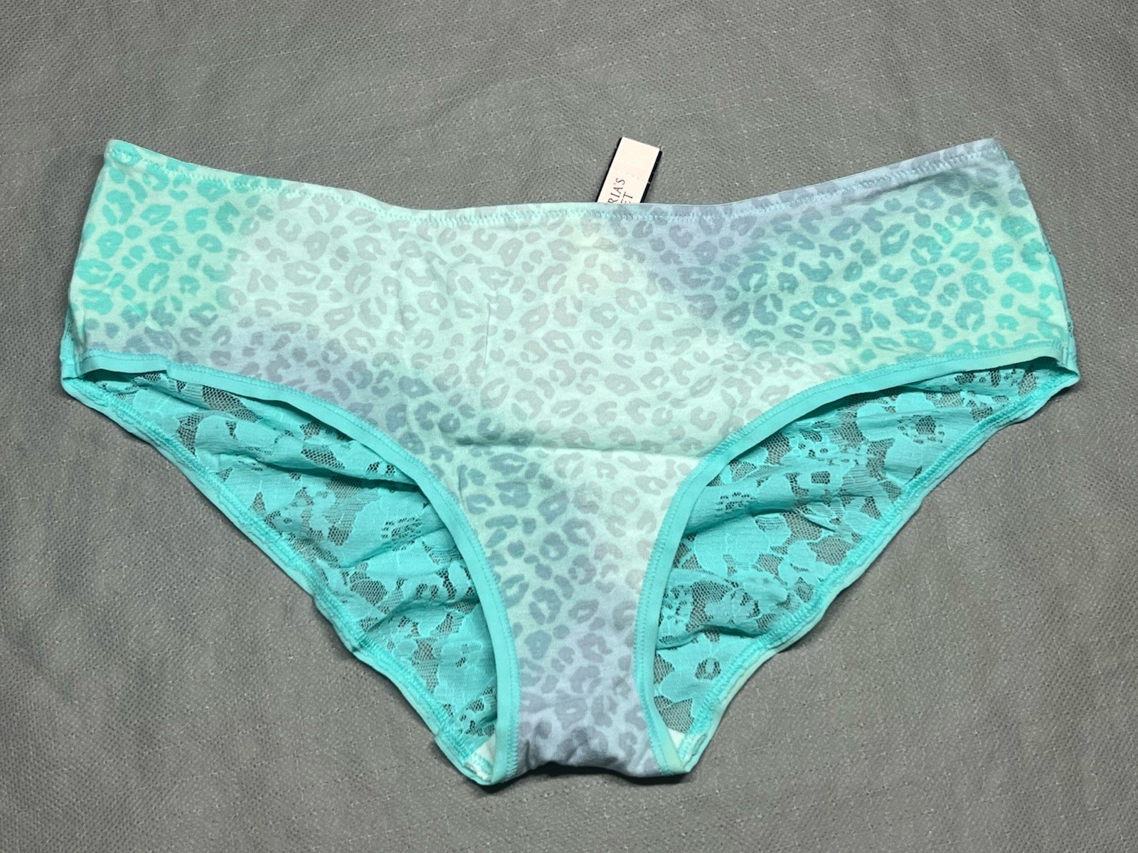 Victorias Secret Aqua Ombre Leopard Ruched Cotton Lace Back Stretch Panty L New