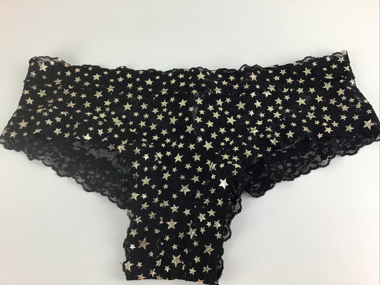 Victorias Secret The Lacie Shimmer Lace Black W/Gold Stars Cheeky Panty Sz.M NWT