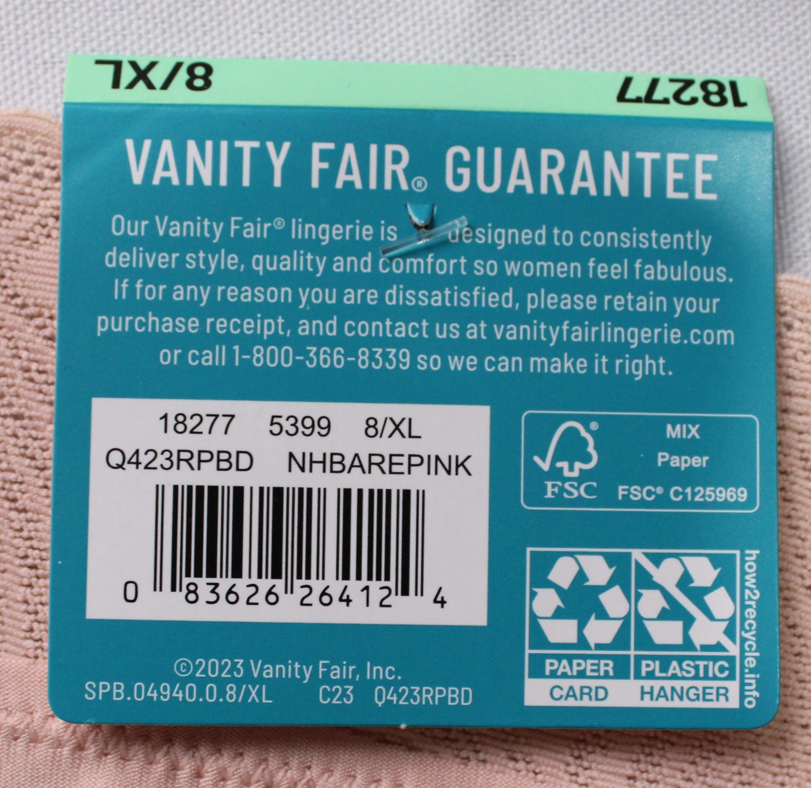 Vanity Fair Women’s Effortless Lace Waistband Hipster EH6 Bare Pink Size XL NWT