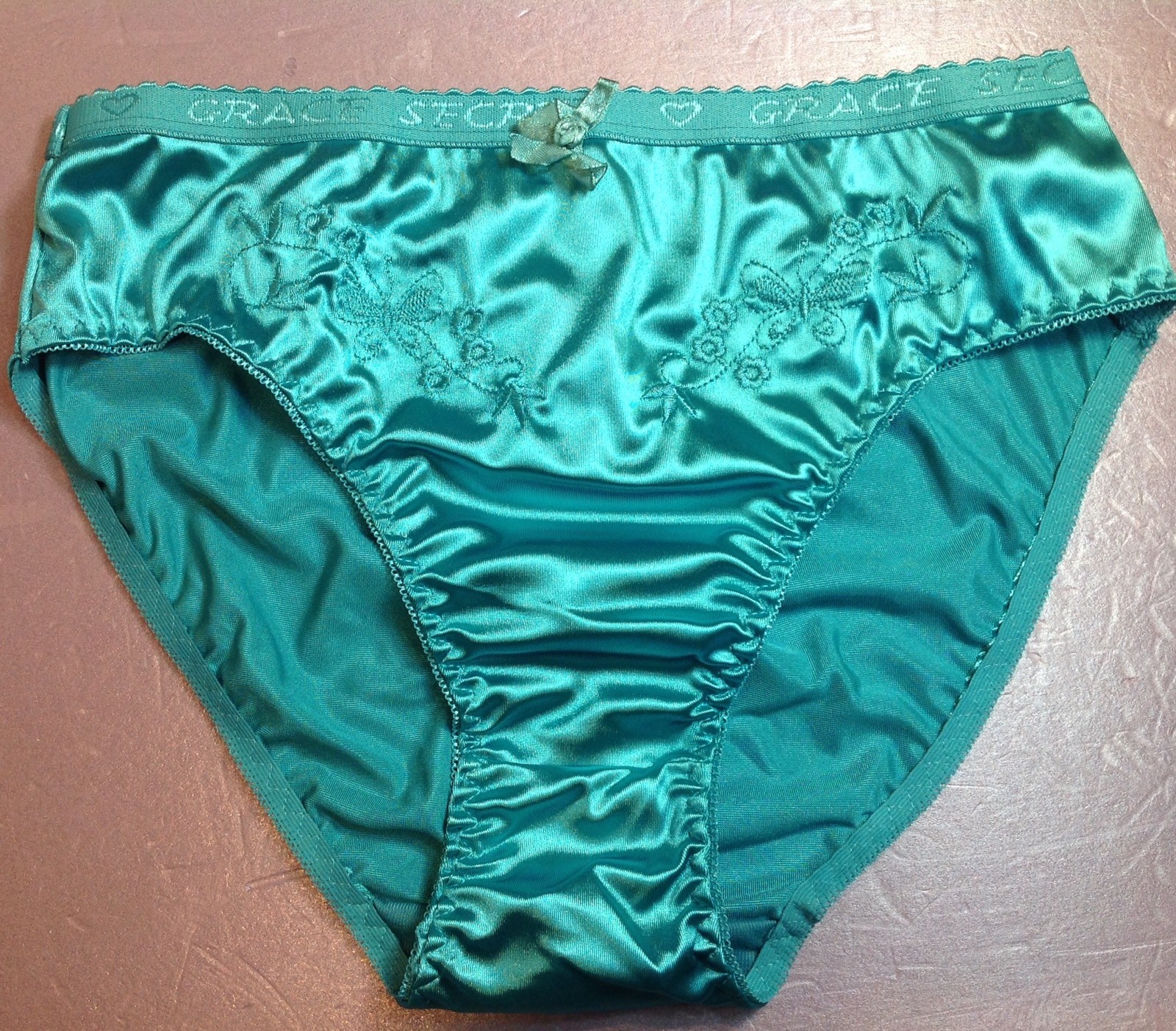 Women Panties Bikinis GRACE Size S. Green Blue Nylon Satin W/Decoration Elastic