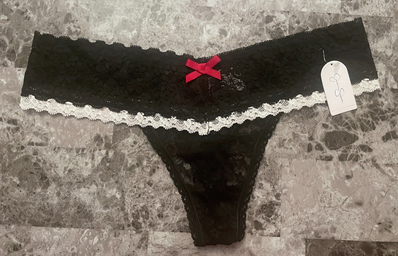 NWT NWD JESSICA SIMPSON LARGE BLACK WHITE FLORAL LACE RED BOW THONG PANTIES