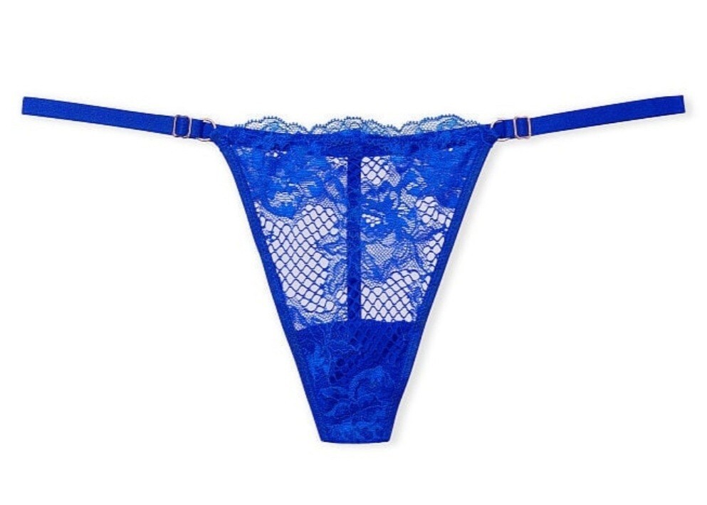 NWT Victorias Secret (M) VERY SEXY Fishnet Lace V STRING Thong Panty Blue Medium