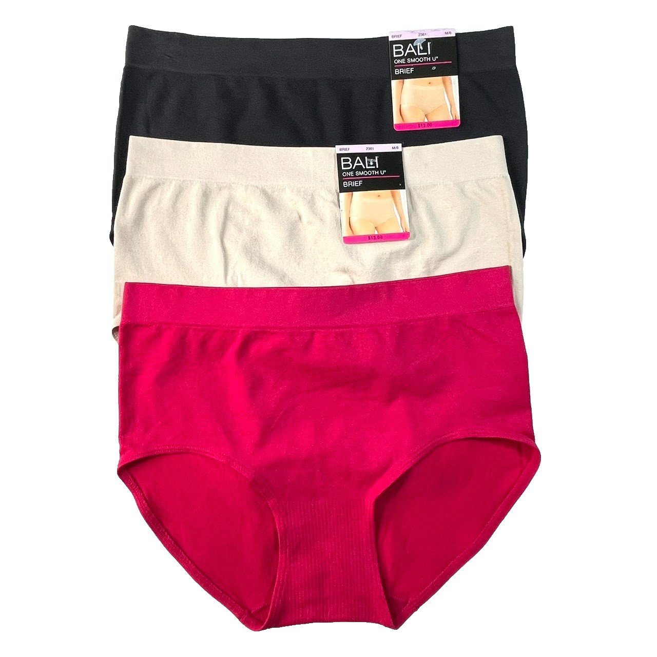 NWT 3-Pack Bali Women’s M/6 One Smooth U All Over Smoothing Brief 2361 Assorted