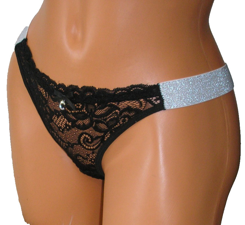 Panties Lingerie Shimmer Straps Rhinestone Accent Black Lace Thong, Small