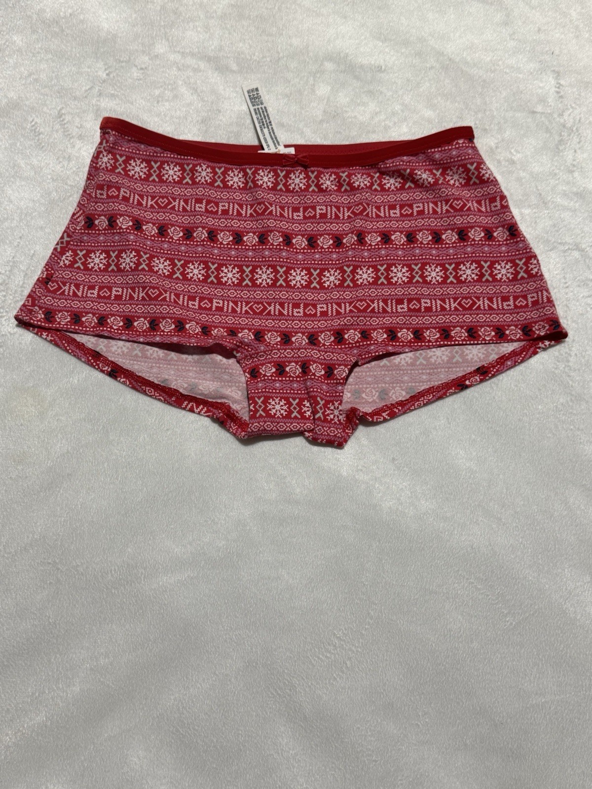 NWT Victoria’s Secret PINK Boyshort Panty Red Fair Isle Snowflake Holiday Size M