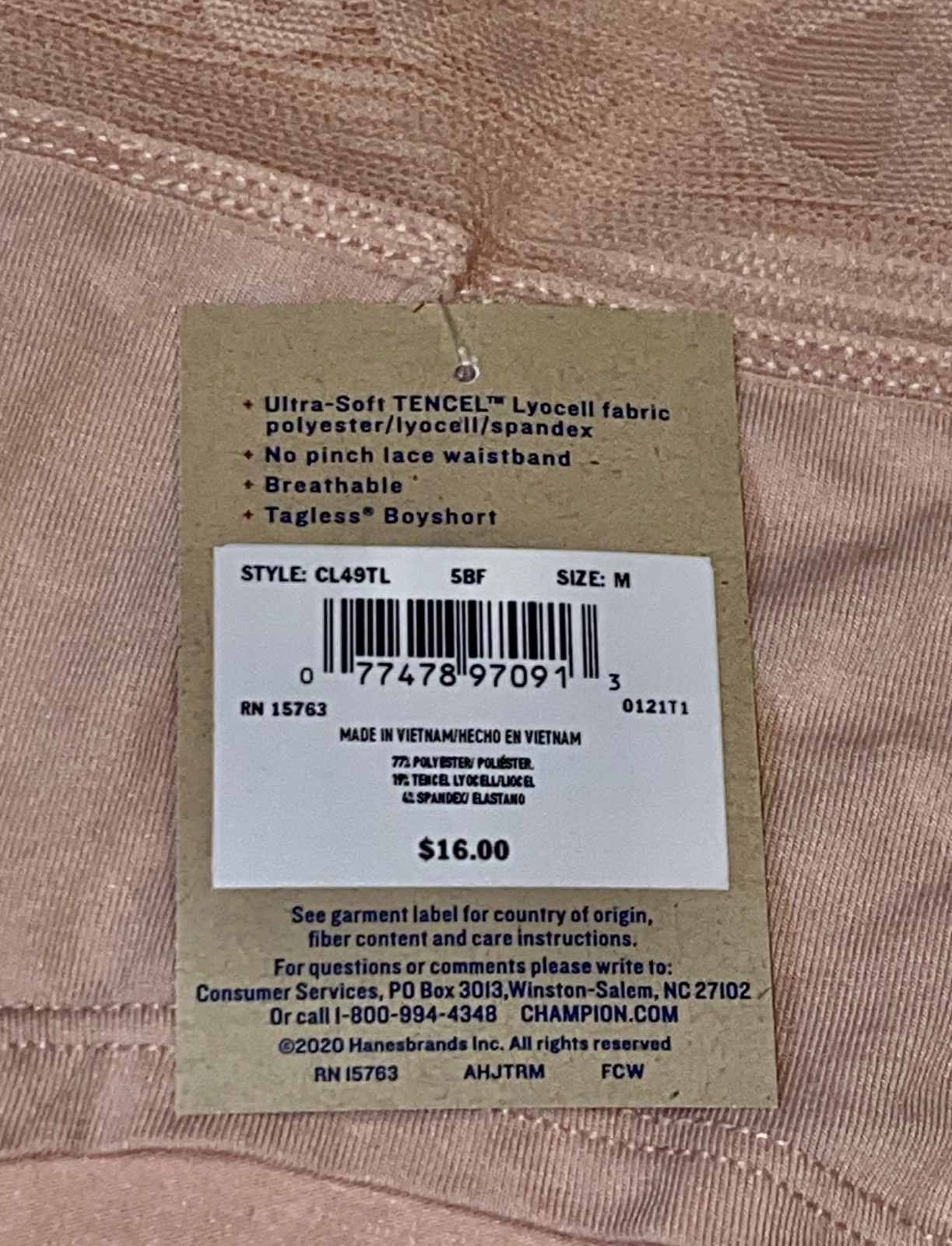 CHAMPION Wide Lace Logo Waistband Almond Pink Girl BoyShort Panty Womens S M XL