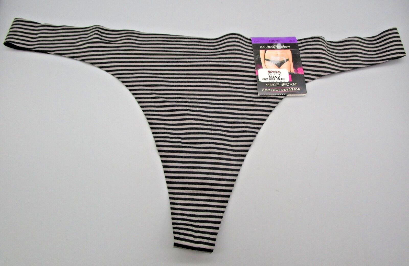 MAIDENFORM~2XL 9~40149~Steel Gray & Black Pinstripe Comfort Devotion Thong