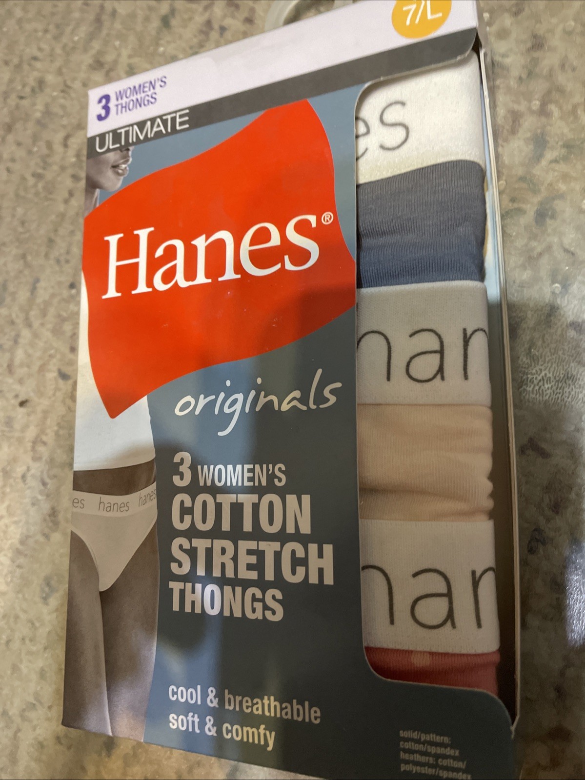 HANES 3 PK Originals Women’s Cotton Stretch Thongs Underwear Sz 7/L Blue/Pink