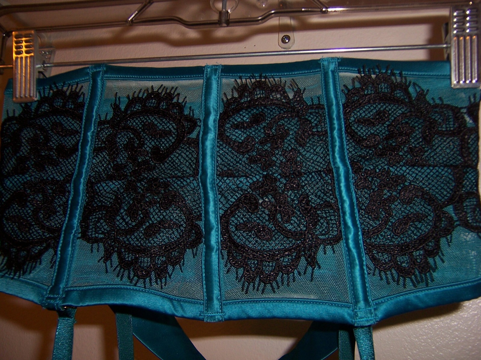 PLAYFUL PROMISES TEAL BLUE AND BLACK LACE GARTER BELT SIZE SMALL