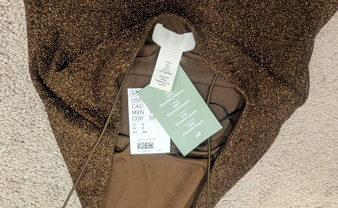 H&M new with tags THONG bodysuit size S bronze mettalic stretchy snap crotch
