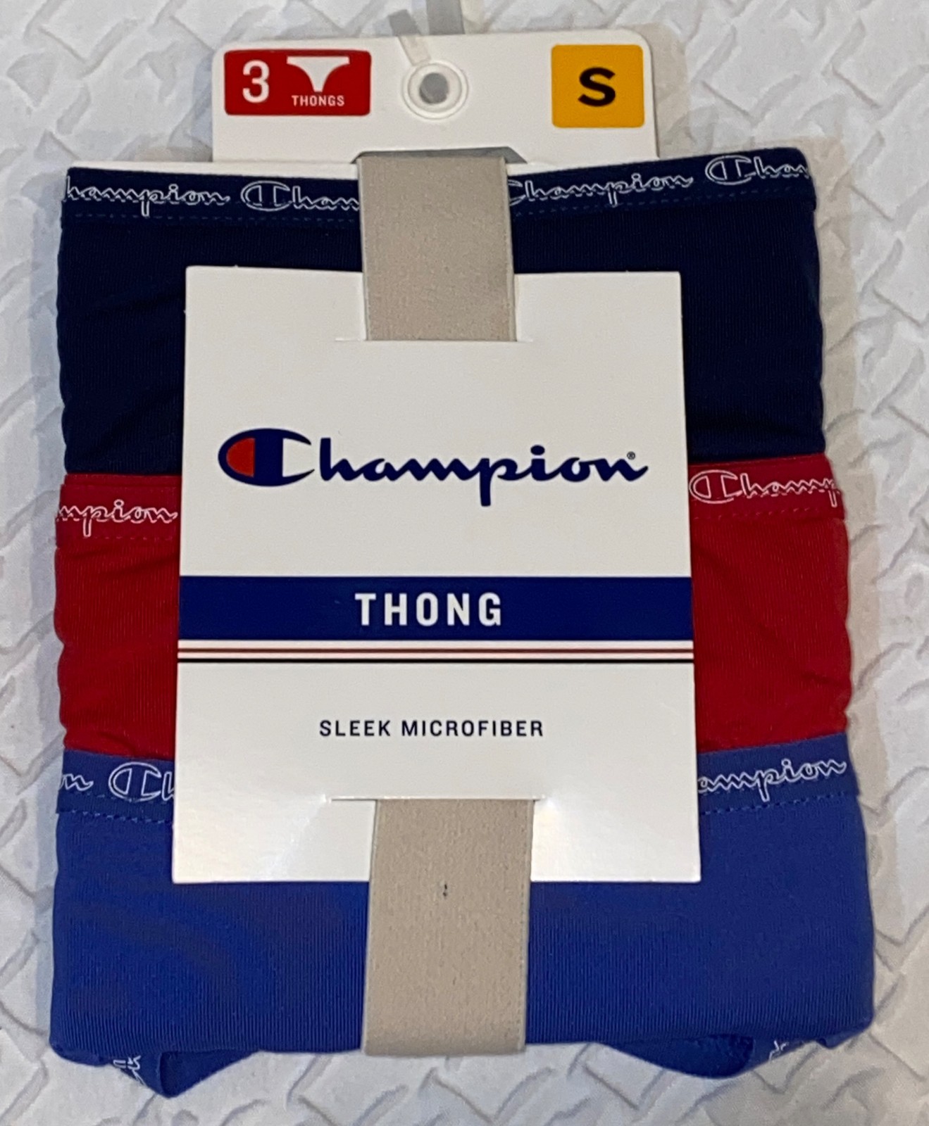 CHAMPION Sleek Microfiber 3 Pack Forte Navy Blue Red Thong Panty Womens S M XL