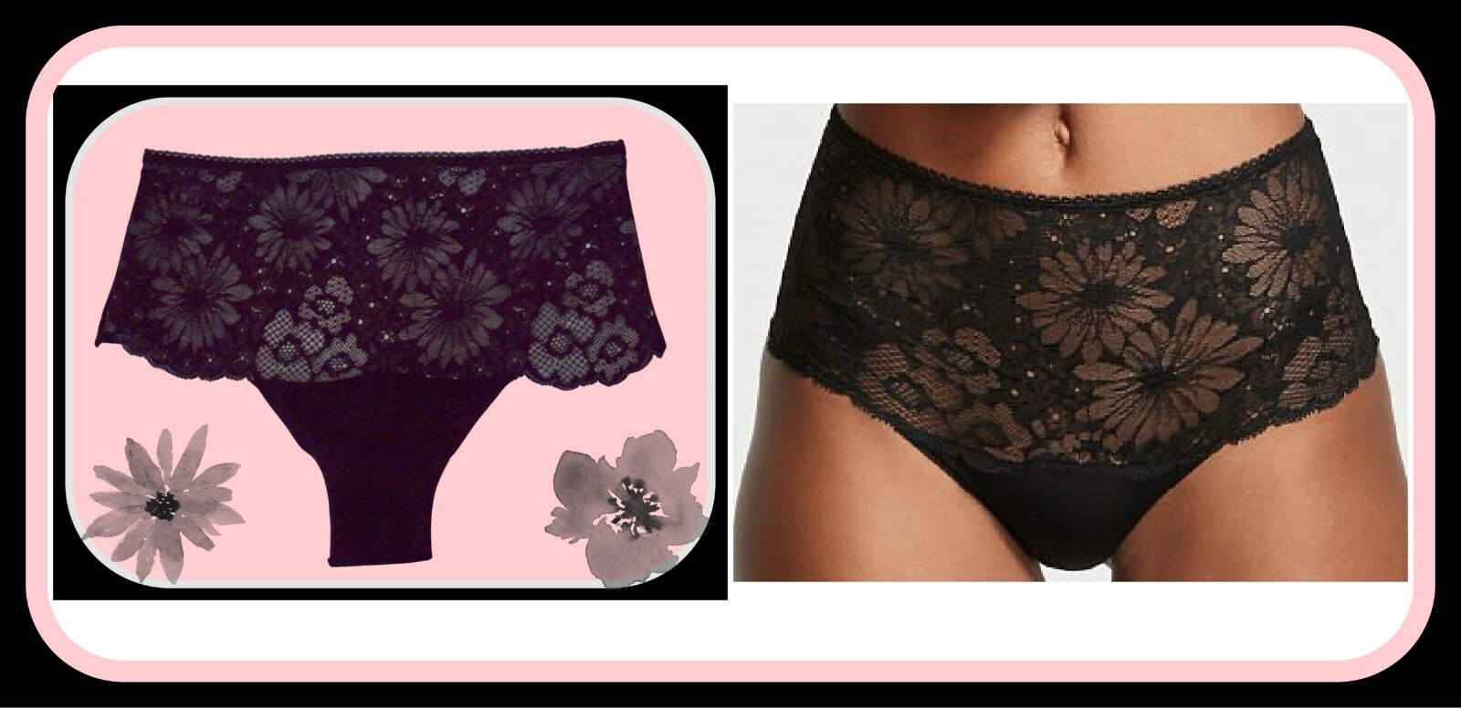 L Black Floral Lace Front NOSHOW Victorias Secret High Waist Midi Brief Panty